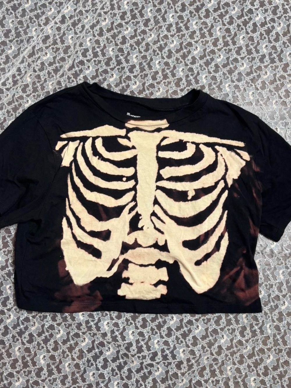 No Boundaries Black Crop Top with Bleached Cream Skeleton Print